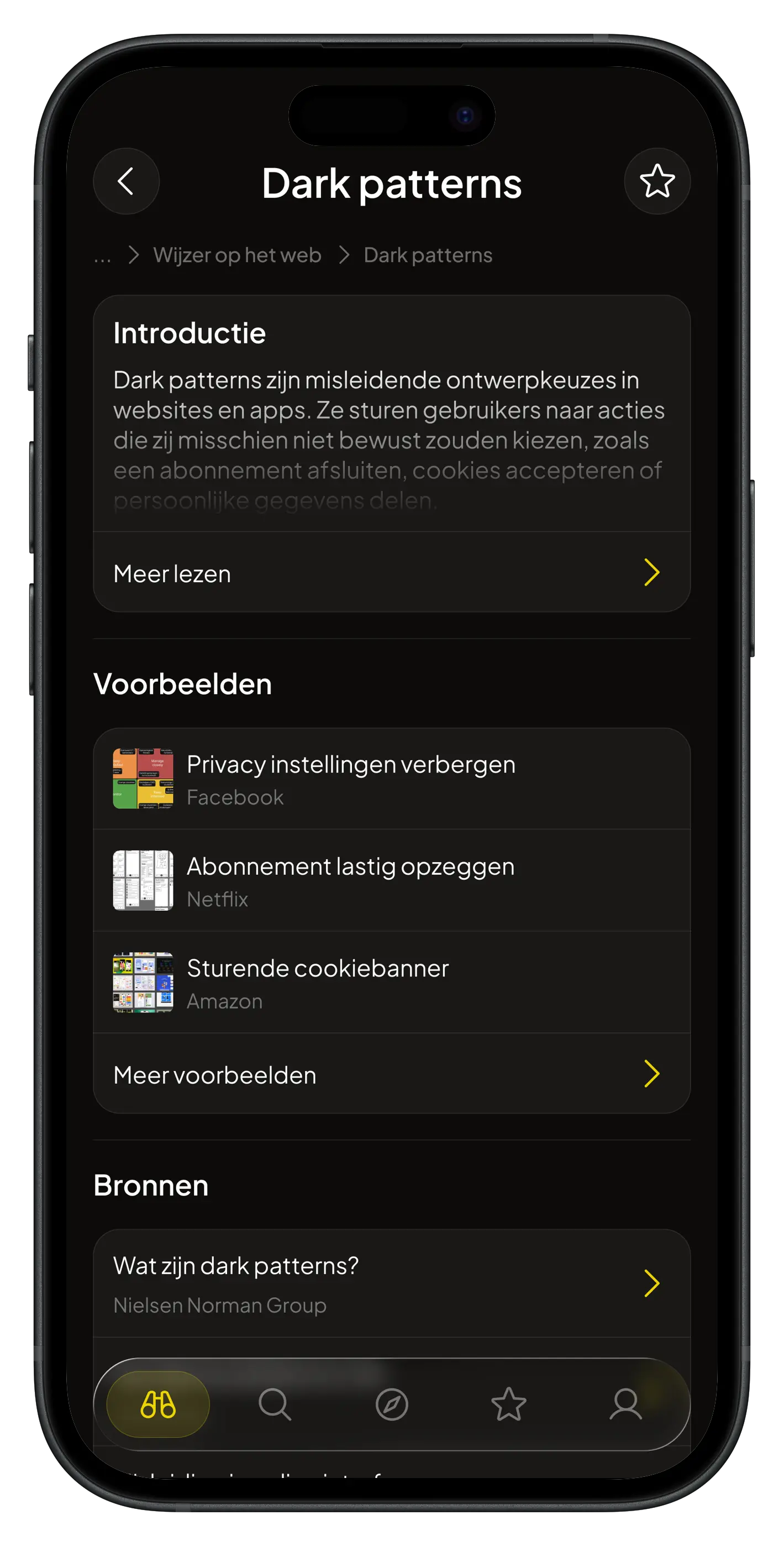 CMD Navigator Dark Patterns topic screen with an introduction, examples and learning resources.